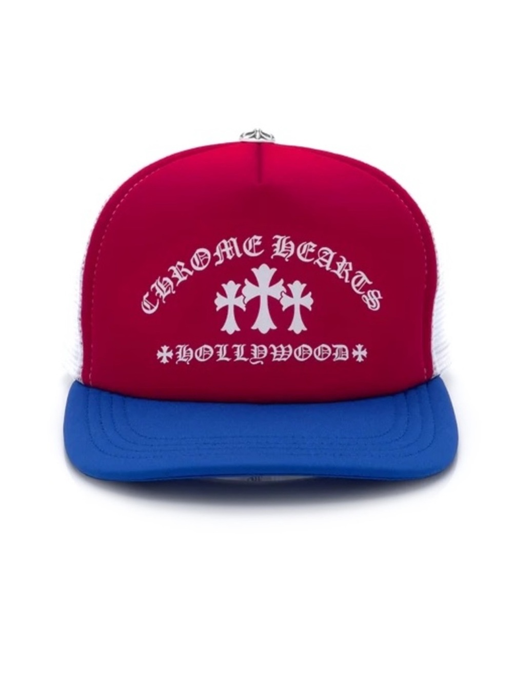 Chrome Hearts Red and Blue Gothic Logo Trucker Hat